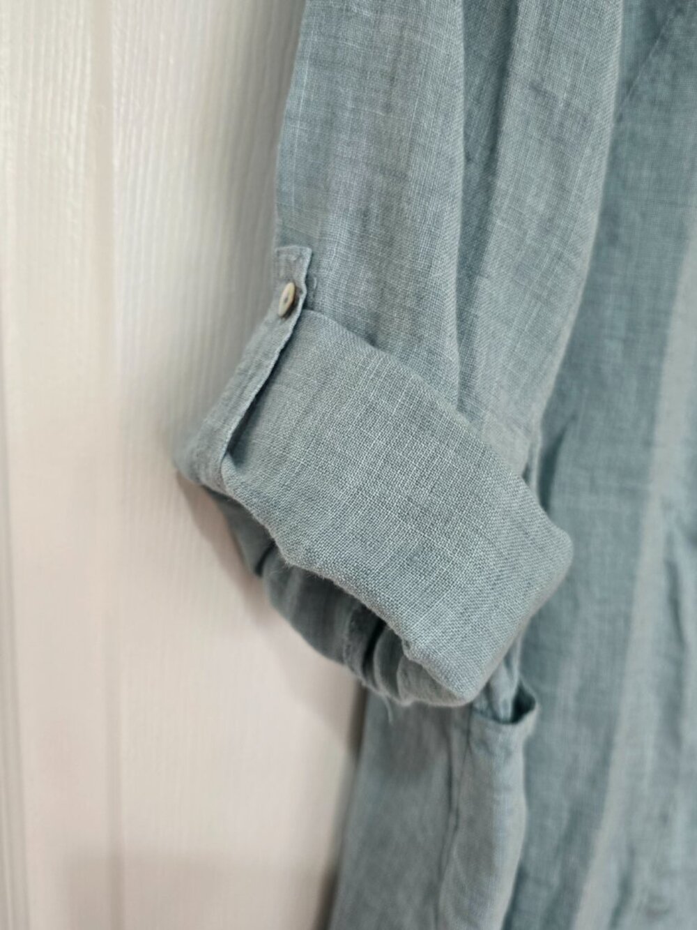 Sigrid Olsen Women's 100% Linen Shirt Button Down Roll Tab Sleeve Aqua Blue Sz L - Picture 3 of 8